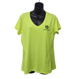 John Deere Neon Lime Endurance V-Neck Athletic Tee Women L NWT Run With The Best